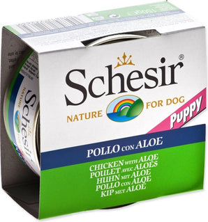 Schesir Dog konz. Puppy kuře/aloe 150g - Konzerva pro štěňata s kuřecím a aloe, ideální pro zdravý vývoj a imunitu.