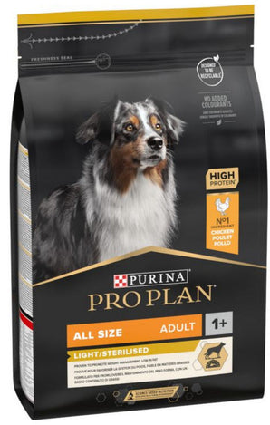 Krmivo pro psy ProPlan Dog Adult All Size Light/Sterilised s kuřecím masem, 3 kg balení.