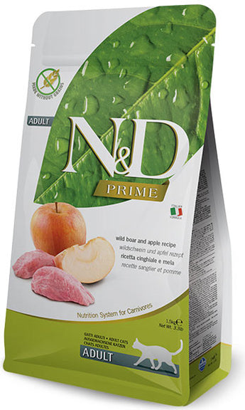 N&D PRIME CAT Adult Wild Boar & Apple 5 kg – Krmivo pro dospělé kočky s divočákem a jablky, balení 5kg.