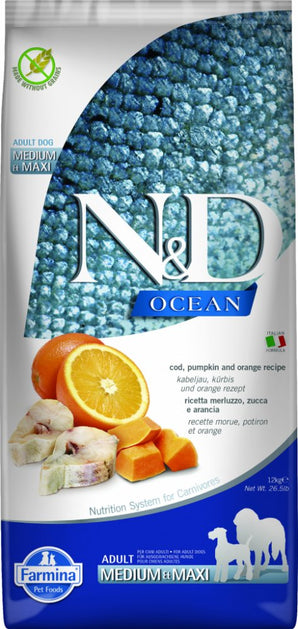 N&D OCEAN DOG Adult M/L Codfish & Pumpkin & Orange, 12 kg, krmivo s treskou a dýní.