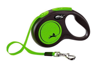 Vodítko FLEXI Neon S pásek 5m/15kg černá/zelená, flexibilní vodítko pro psy do 15 kg, délka 5 metrů, černá a zelená barva.