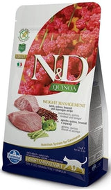 N&D GF CAT Quinoa Weight Management Lamb&Broccoli 1,5 kg – Krmivo pro kočky s jehněčím a brokolicí, podpora váhového managementu, balení 1,5kg.
