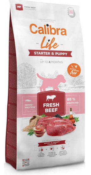 Calibra Dog Life Starter&Puppy Fresh Beef 12kg – Krmivo pro štěňata s čerstvým hovězím masem, balení 12 kg.