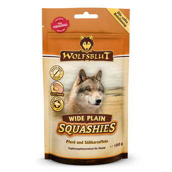 Pamlsky Wolfsblut Squashies Wide Plain s koňským masem pro psy, 100 g.