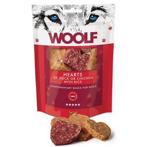 WOOLF pochoutka duck or chicken hearts with rice 100g - Pamlsek z kachních nebo kuřecích srdcí s rýží, podporující trávení a vitalitu.