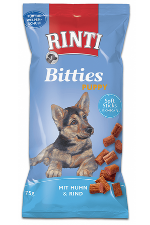 Rinti Dog Extra Bits Puppy pochoutka kuře+hovězí 75g - Pochoutka pro štěňata s kuřetem a hovězím, ideální pro zdravý růst a vývoj.