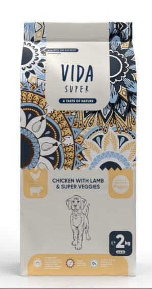 Kraftia VIDA SUPER DOG Puppy M/L Chicken & Lamb 12kg - Krmivo pro štěňata s kuřetem a jehněčím, podporující zdravý růst.