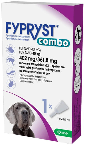 Fypryst Combo Spot-on 402/361,8 mg – antiparazitární pipeta pro obří psy (nad 40 kg) proti blechám, klíšťatům a všenkám. Dlouhodobá ochrana až 8 týdnů.