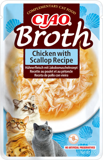 Churu Cat CIAO Broth Chicken with Scallop Recipe 40 g – Vývar pro kočky s kuřecím a mušlemi, balení 40g.