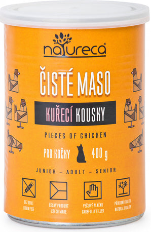 NATURECA kuře kousky pro kočky 400 g – Konzerva pro kočky s kousky kuřecího masa, balení 400 g.
