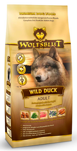Granule Wolfsblut Dog Adult Wild Duck s kachním masem pro dospělé psy, 12,5 kg.