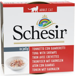 Schesir Tuňák & krevety 85 g – Konzerva pro kočky s tuňákem a krevetami, balení 85 g.