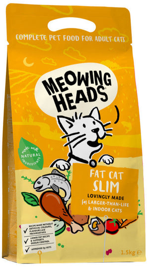 Meowing Heads Fat Cat Slim 1,5 kg – Krmivo pro kočky s nadváhou, balení 1,5 kg.