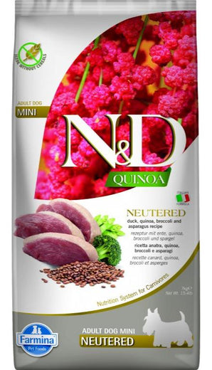 N&D Quinoa DOG Neutered, Duck & Broccoli & Asparagus, Mini, 7 kg, krmivo pro malé psy.