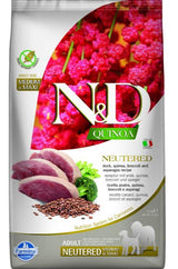 N&D Quinoa DOG Neutered, Duck & Broccoli & Asparagus, 2,5 kg, výživné krmivo.