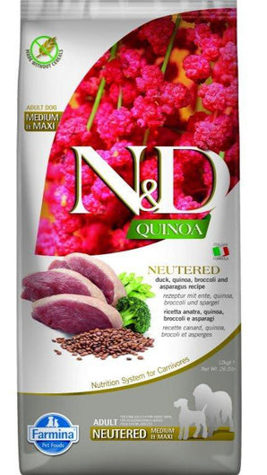 N&D Quinoa DOG Neutered, Duck & Broccoli & Asparagus, 12 kg, krmivo pro kastrované psy.