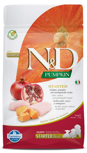 N&D Pumpkin DOG Puppy Starter Chicken & Pomegranate, 800 g, výživné startovací krmivo.