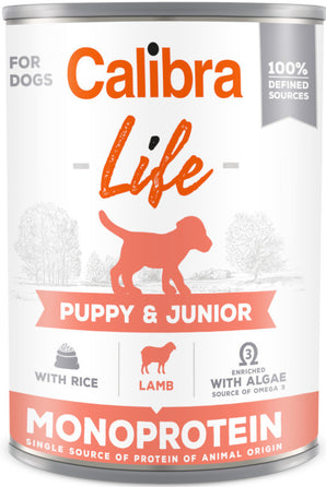 Calibra Dog Life konz. Puppy & Junior Lamb & Rice 400g – Konzerva pro štěňata a mladé psy s jehněčím a rýží, balení 400 g.