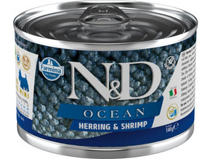 N&D DOG OCEAN Adult Herring & Shrimps Mini, 140 g, krmivo s čerstvým sleděm a krevetami.