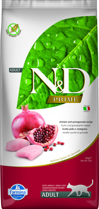 N&D PRIME CAT Adult Chicken & Pomegranate 10 kg – Krmivo pro dospělé kočky s kuřetem a granátovým jablkem, balení 10kg.
