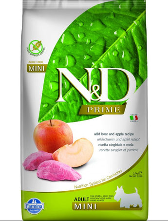 N&D PRIME DOG Adult Mini Boar & Apple, 2,5 kg, výživné krmivo pro malé psy.