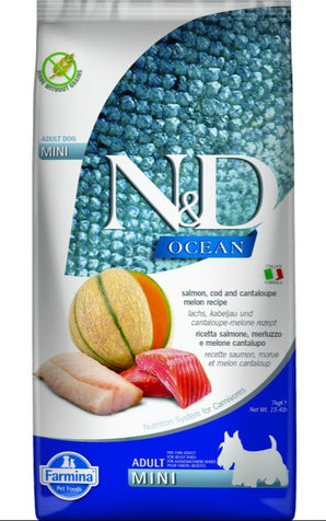 N&D OCEAN DOG Adult Mini Salmon & Cod & Melon, 7 kg, krmivo s lososem a treskou pro malé psy.