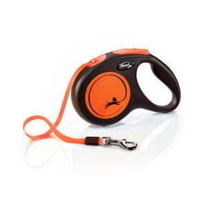 Vodítko FLEXI Neon M pásek 5m/25kg černá/oranžová, flexibilní vodítko pro psy, černá a oranžová barva, délka 5 metrů, vhodné pro psy do 25 kg.