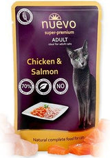 Nuevo pro kočky adult kuře a losos 85 g – Konzerva pro dospělé kočky s kuřecím masem a lososem, balení 85 g.