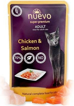 Nuevo pro kočky adult kuře a losos 85 g – Konzerva pro dospělé kočky s kuřecím masem a lososem, balení 85 g.