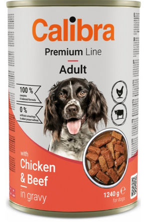 Konzerva Calibra Dog Premium with Chicken&Beef 1,24 kg, šťavnaté krmivo s kuřecím a hovězím masem.