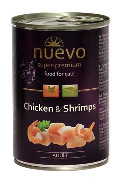 Nuevo Cat Adult Kuře & krevety 400 g – Kompletní krmivo pro dospělé kočky s kuřecím masem a krevetami, balení 400 g.