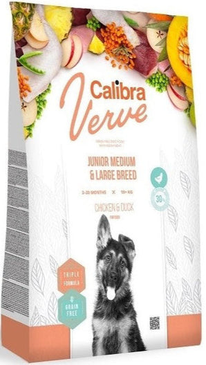 Calibra Dog Verve GF Junior M&L Chicken&Duck 2 kg, bezobilné krmivo s kuřetem a kachnou pro střední a velká štěňata.