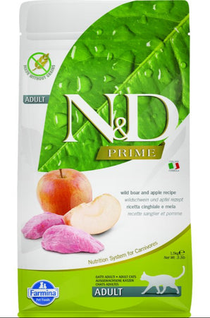 N&D PRIME CAT Adult Boar & Apple 1,5 kg – Krmivo pro dospělé kočky s divočákem a jablky, podpora vitality, balení 1,5kg.