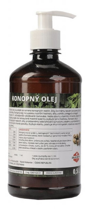Olej konopný pro psy ZEUS 500ml - konopný olej pro psy, objem 500ml.