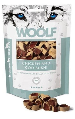 WOOLF pochoutka chicken and cod sushi 100g - Lahodné pamlsky z kuřecího masa a tresky, podporující zdraví trávicího traktu.