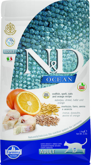 N&D OCEAN CAT LG Adult Codfish a Orange 1,5 kg – Krmivo pro dospělé kočky s treskou a pomerančem, podpora zdraví srsti, balení 1,5kg.