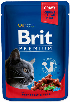 Brit Premium Cat with Beef Stew & Peas 100 g – Konzerva s hovězím gulášem a hráškem pro kočky, balení 100 g.