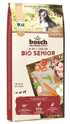 Bosch Dog BIO Senior Chicken & Cranberry, 11,5 kg, krmivo pro starší psy s kuřecím masem a brusinkami.