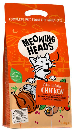 Meowing Heads Paw Lickin’ Chicken 1,5 kg – Krmivo pro kočky s kuřecím masem, balení 1,5 kg.
