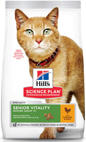 Hill's Science Plan Mature Adult Senior Vitality Chicken & Rice 1,5kg – Krmivo pro starší kočky s kuřecím a rýží, balení 1,5kg.