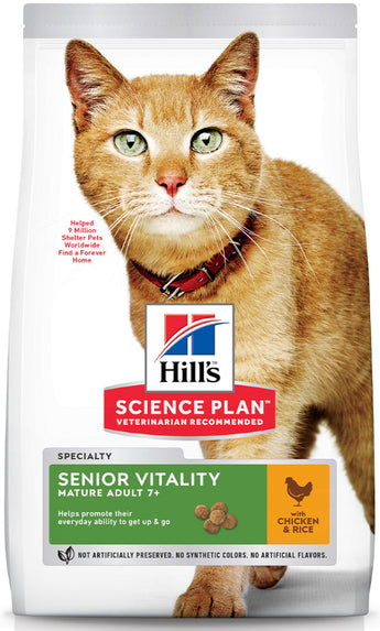Hill's Science Plan Mature Adult Senior Vitality Chicken & Rice 1,5kg – Krmivo pro starší kočky s kuřecím a rýží, balení 1,5kg.