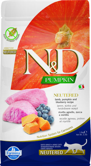 N&D Pumpkin CAT Neutered Lamb & Blueberry 5 kg – Krmivo pro kastrované kočky s jehněčím a borůvkami, balení 5kg.