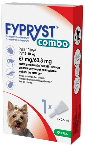 Fypryst Combo Spot-on 67/60,3 mg – antiparazitární pipeta pro malé psy (2–10 kg) proti blechám, klíšťatům a všenkám. Dlouhodobá ochrana až 8 týdnů.