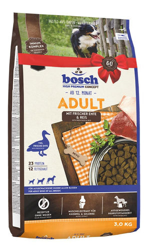 Bosch Dog Adult, duck & rice, 3 kg, výživné krmivo pro dospělé psy.