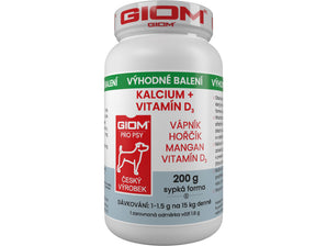 Giom S, Kalcium + D3, 200 g plv, prášek s vápníkem a vitamínem D3 pro psy.