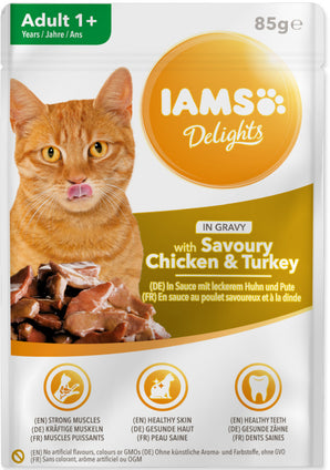 Iams Cat Kuře a krůta v omáčce 85 g – Konzerva pro kočky s kuřecím a krůtím masem, balení 85 g.