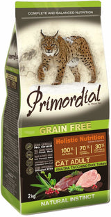 Primordial Cat Adult Duck & Turkey 2 kg – Krmivo pro dospělé kočky s kachním a krůtím masem, balení 2 kg.