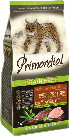 Primordial Cat Adult Duck & Turkey 2 kg – Krmivo pro dospělé kočky s kachním a krůtím masem, balení 2 kg.