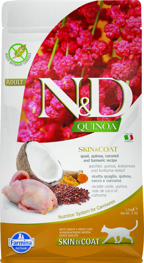 N&D QUINOA CAT Adult Skin & Coat Quail Coconut 1,5 kg - Bezobilné krmivo pro kočky s křepelkou a kokosem, podpora srsti. Balení 1,5 kg.