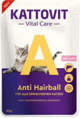 Kattovit Vital Care Anti Hairball Salmon 85 g – Konzerva pro kočky se zaměřením na prevenci tvorby smotků chlupů, s lososem, balení 85 g.